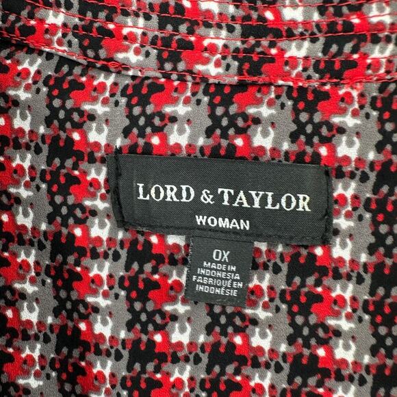 Lord & Taylor Black Red Printed V-Neck Roll Tab Sleeve Career Tunic Top Size 0X - Picture 6 of 10